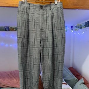 Grey Plaid Pleated Pants with Elastic Waist